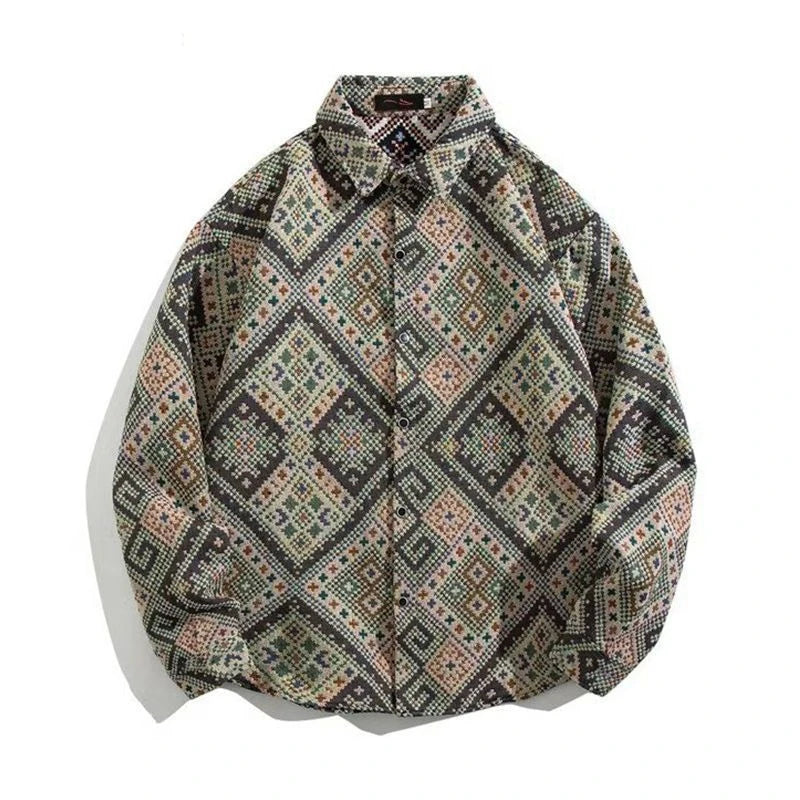 HEARUJOY  -  Cuban Colored Numb Ethnic Style Shirt Men Weaving and Embroidered Spring and Autumn Retro Hong Kong Style Shirt Jacket