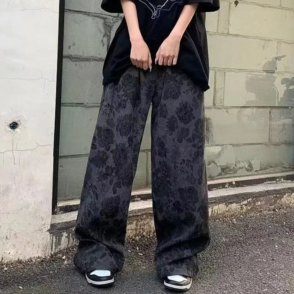 HEARUJOY  -  Men Loose Vintage Casual Jogging Pants Printing Korean Style High Street Trouser Wide Leg Streetwear