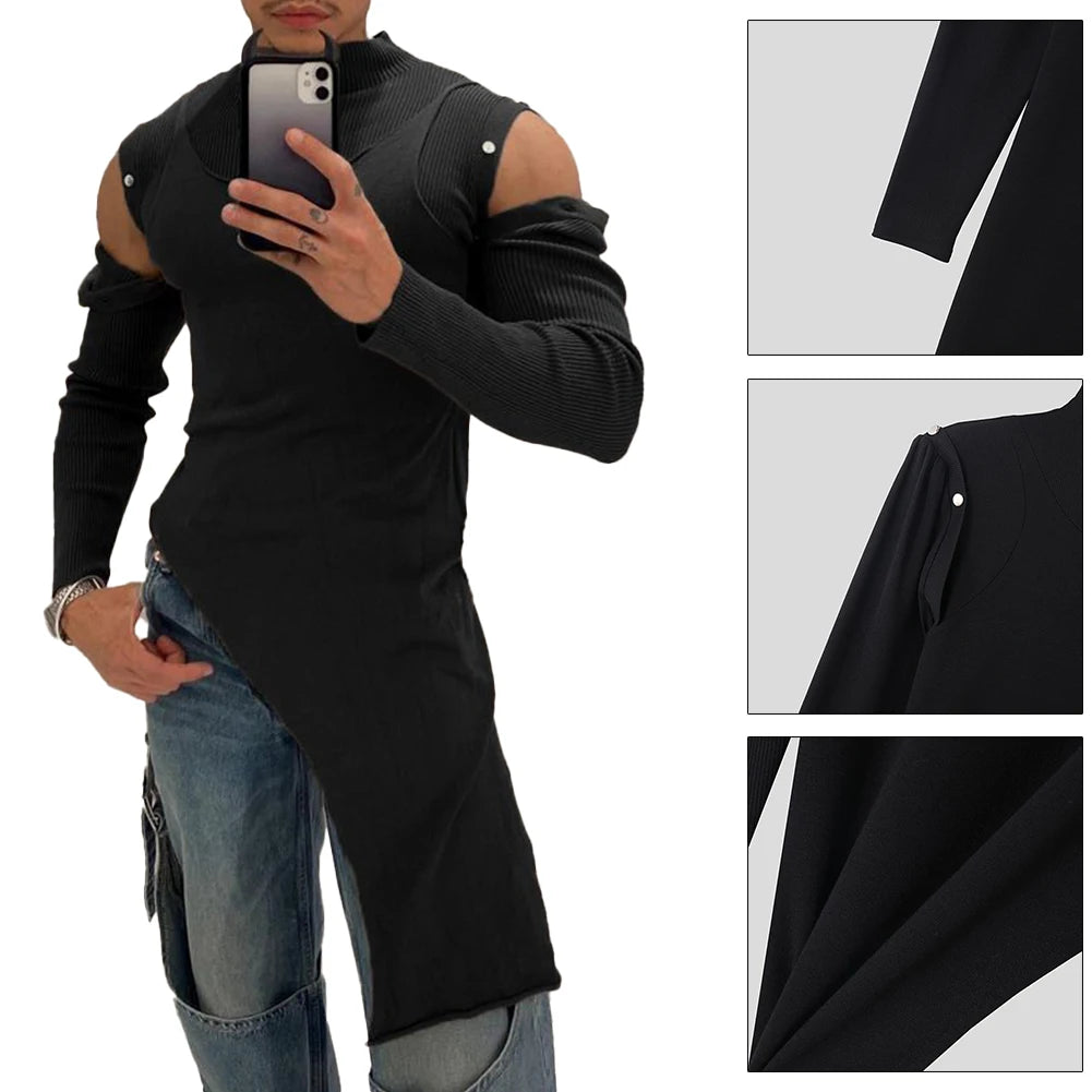 HEARUJOY  -  Everyday Casual Men Long Sleeve T Shirt Irregular Turtleneck Casual Off Shoulder Top Fall Clothing Regular Length