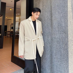 Hearujoy Autumn winter NewAutumn Clothing Koean Casual Fake Two Pieces Loose Simple Long Sleeve Blazers Belt Suit Coat For Male