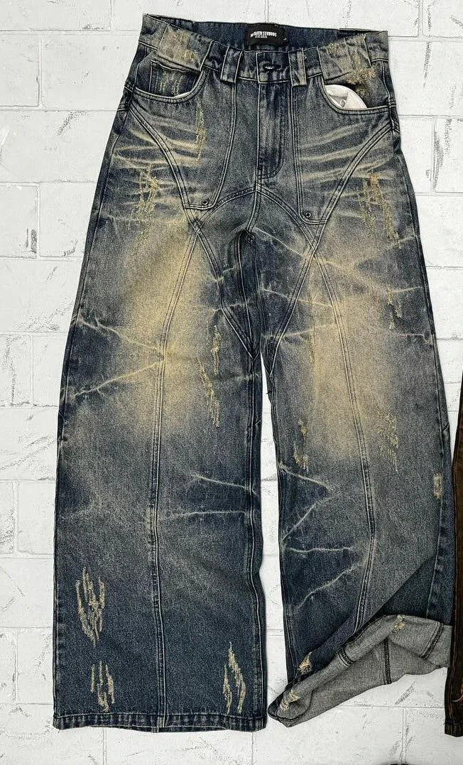 Hearujoy Retro Baggy Jeans Women Hip Hop Goth Tie Dye Ripped Denim Jeans Men Y2k Streetwear Harajuku Straight High Waisted Pants