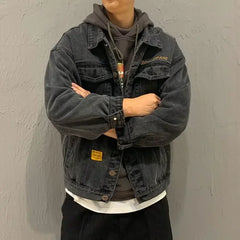 HEARUJOY  -  Black Padding with Embroidery Jeans Coat for Men Warm Wool Sheep Denim Jackets Man Padded Blue Washed Worn One Piece G Casual