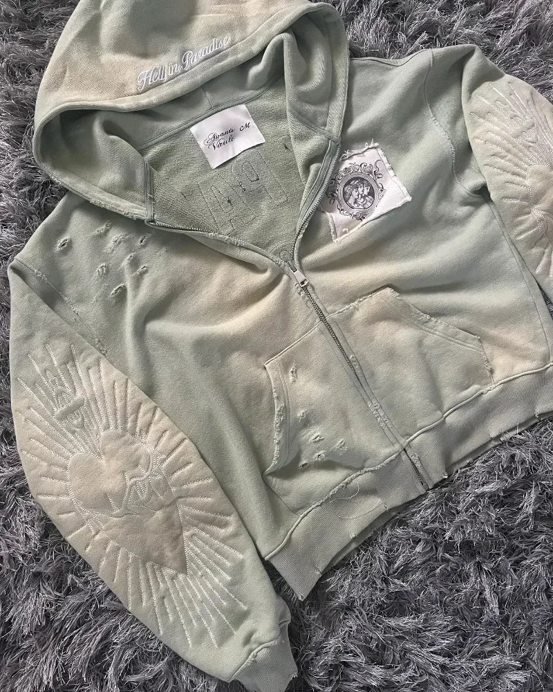 Hearujoy America Harajuku Gothic Zipper Hoodie Y2k Embroidered Spliced Sweater High Street Punk Clothing Loose Retro Top Sweatshirt Women