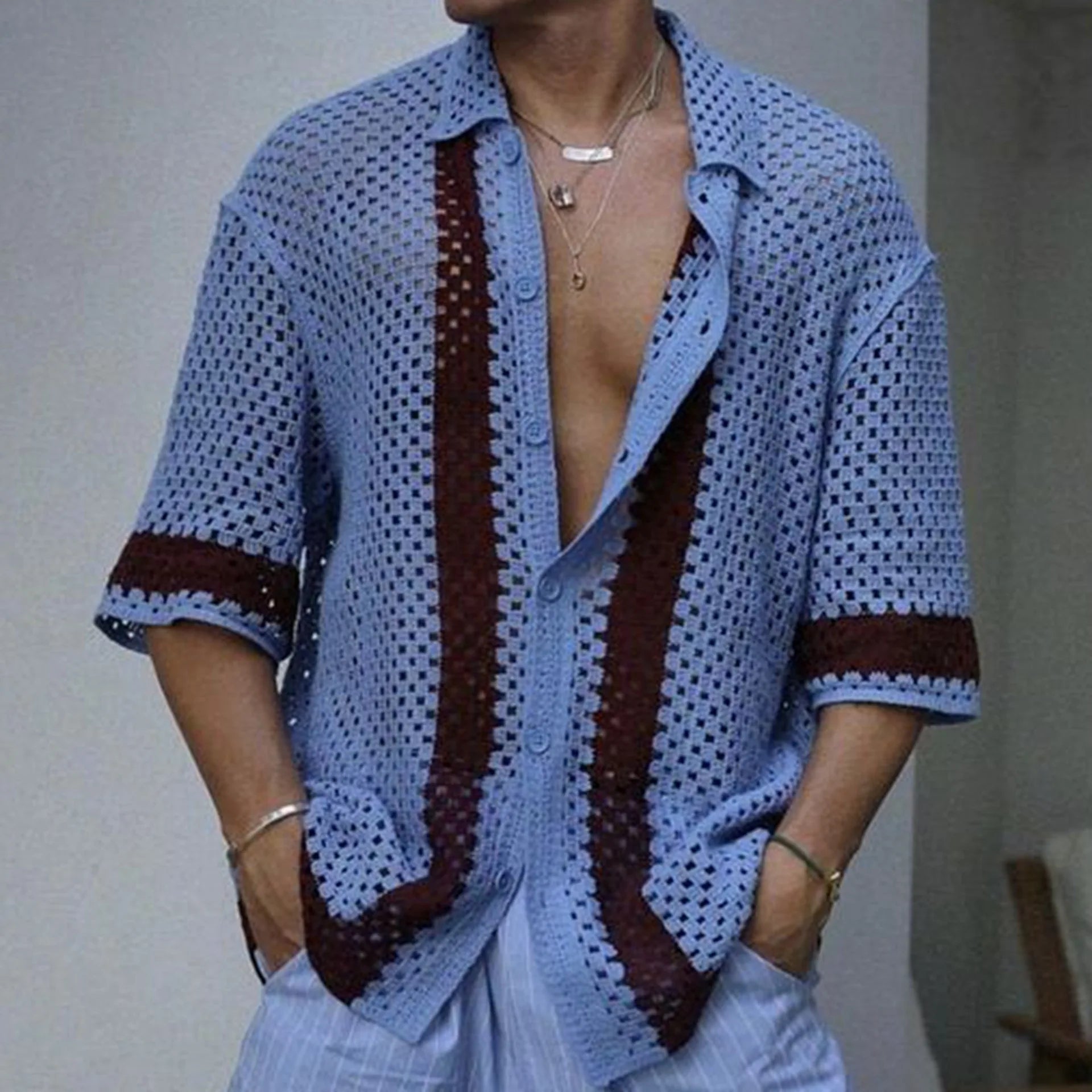 HEARUJOY  -  Men Luxury Hollow Knitwear Polo Shirt Short Sleeve Casual Streetwear Button Down Breathable Striped Contrast Knit Cardigan Tops