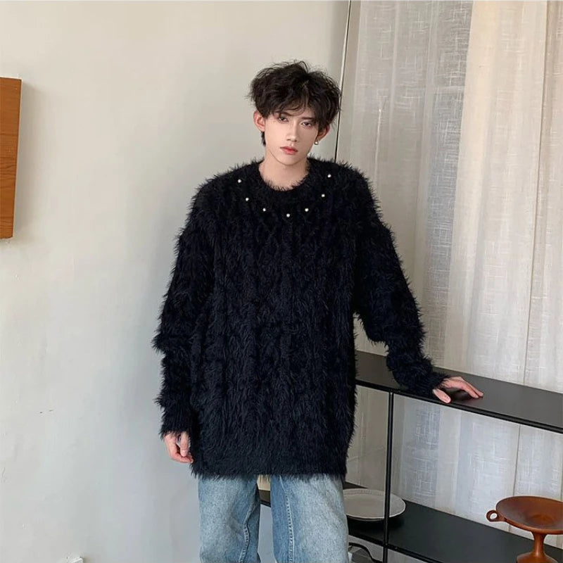 Hearujoy Korean Fashion Black Jumper Beaded Decoration Autumn and Winter Streetwear High Street Loose Pullover Men Gothic Harajuku Jumper