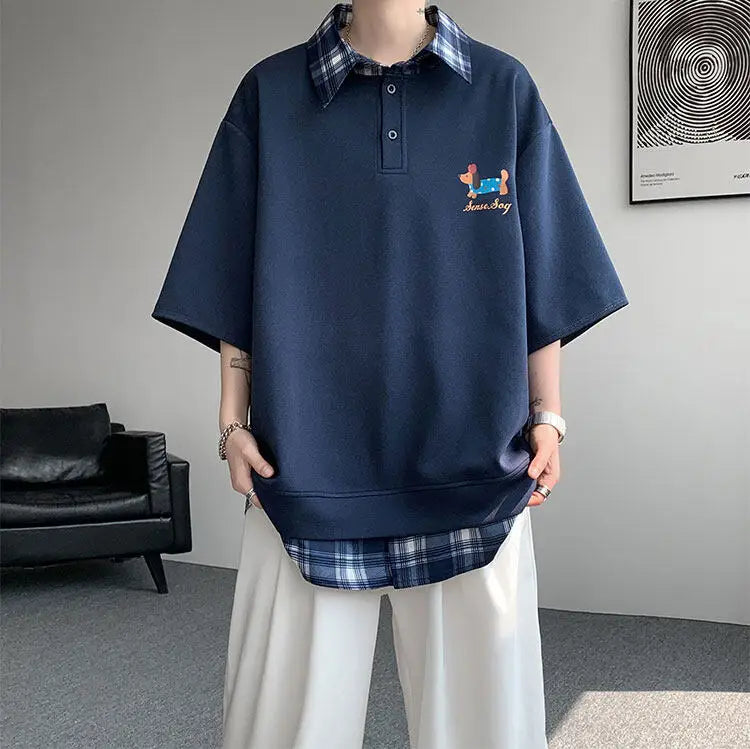 HEARUJOY  -  Dog Embroidery Plaid Polo Short Sleeve T-Shirt 2025 Summer Retro Couple T-shirts Splicing Fake Two Pieces Simple Tops