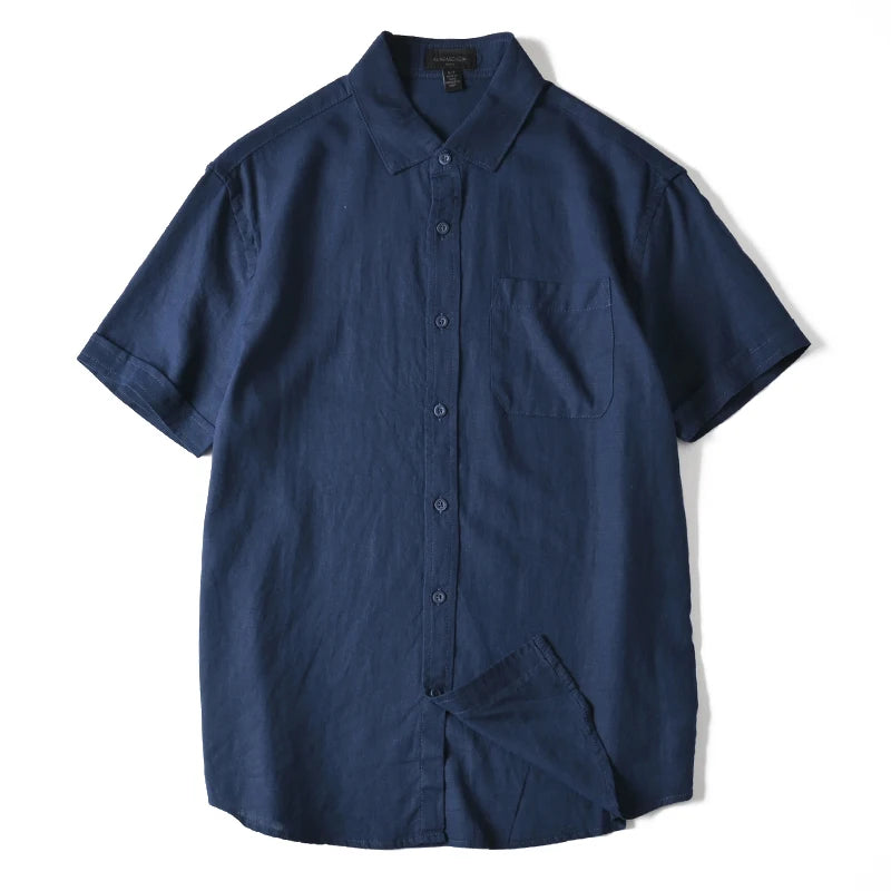 HEARUJOY  -  Men's Summer Cotton Linen Shirt Solid Color Skin Friendly Breathable Short Sleeve Lapel Shirts With Chest Pocket