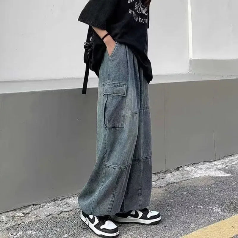 Hearujoy Y2k Baggy Cargo Jeans for Men Oversize Wide Leg Denim Pants Male Hip Hop Trousers Pockets Streetwear Loose Patchwork