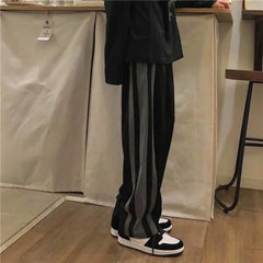 Hearujoy Fashion Preppy Style Loose Student Striped Sports Casual Straight Pants Men Elastic Waist Drawstring Pocket Wide Leg Trousers