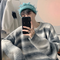 Hearujoy Autumn Clothing Men's Knitted Light Luxury Pullovers Sweater Korean Vintage O Neck Striped Long Sleeve Knitwear 2024 New