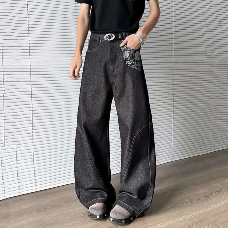 HEARUJOY  -  New Summer Men's Denim Pants Jacquard Patchwork Contrast Color 2025 Trousers Straight Leg Loose Male Boot-cut Jeans