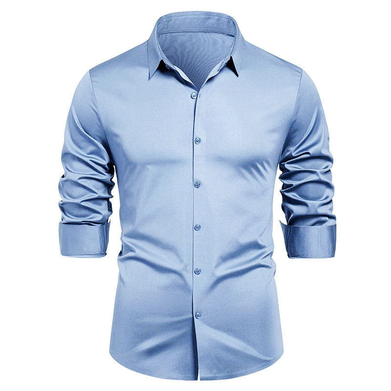 HEARUJOY  -  Men's Elastic Spring and Autumn New Long Sleeve Shirt Anti-wrinkle Free Ironing Business Comfort Breathable Slim Men Dress Shirt