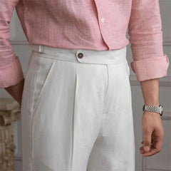 HEARUJOY  -  100% Linen Italian Naples Pants Men High Waist Straight  Suit Trousers Spring Summer Fashion Lightweight Breathable Casual Pants