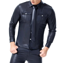 Hearujoy Fashion Black Faux Leather Men Oversize Fitness Shirts Long Sleeves Pocket PU Metal Fastener Tops Tees Sexy Slim Fit Sexy Shirt