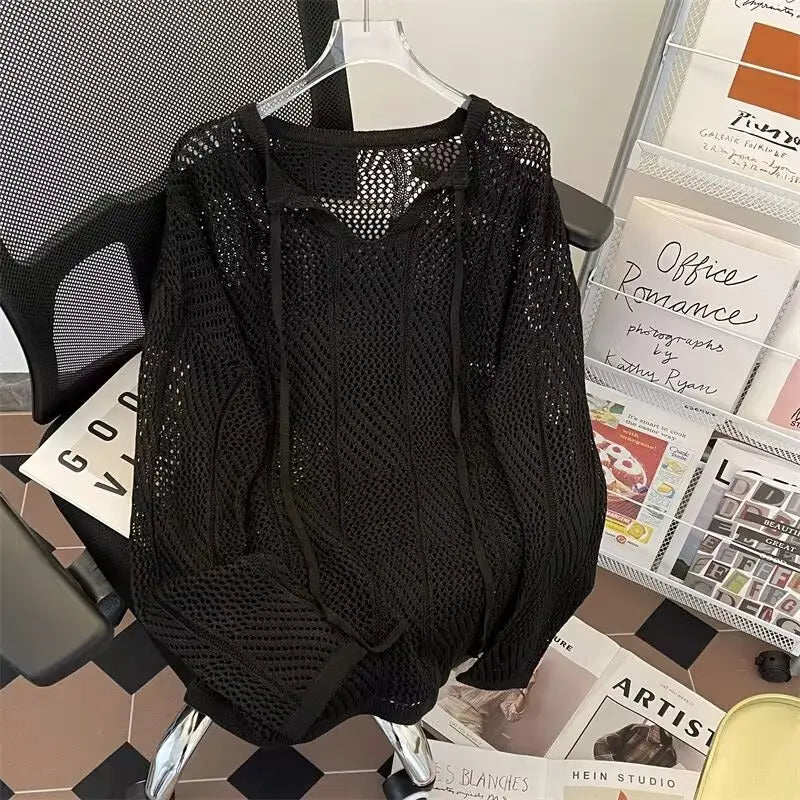 HEARUJOY  -  Men V-neck Long Sleeve Knit Shirts Loose Elastic Hollow knit Sweater T-shirt Slightly Transparent Knitted Sweaters Streetwear