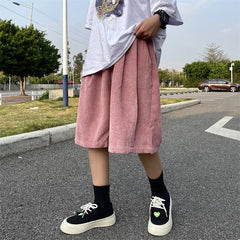 Hearujoy Brown Corduroy Shorts Oversized Baggy Five Point Trousers Summer Korean Fashion Wide Leg Pants Ins Hip Hop Bottoms Men and Women