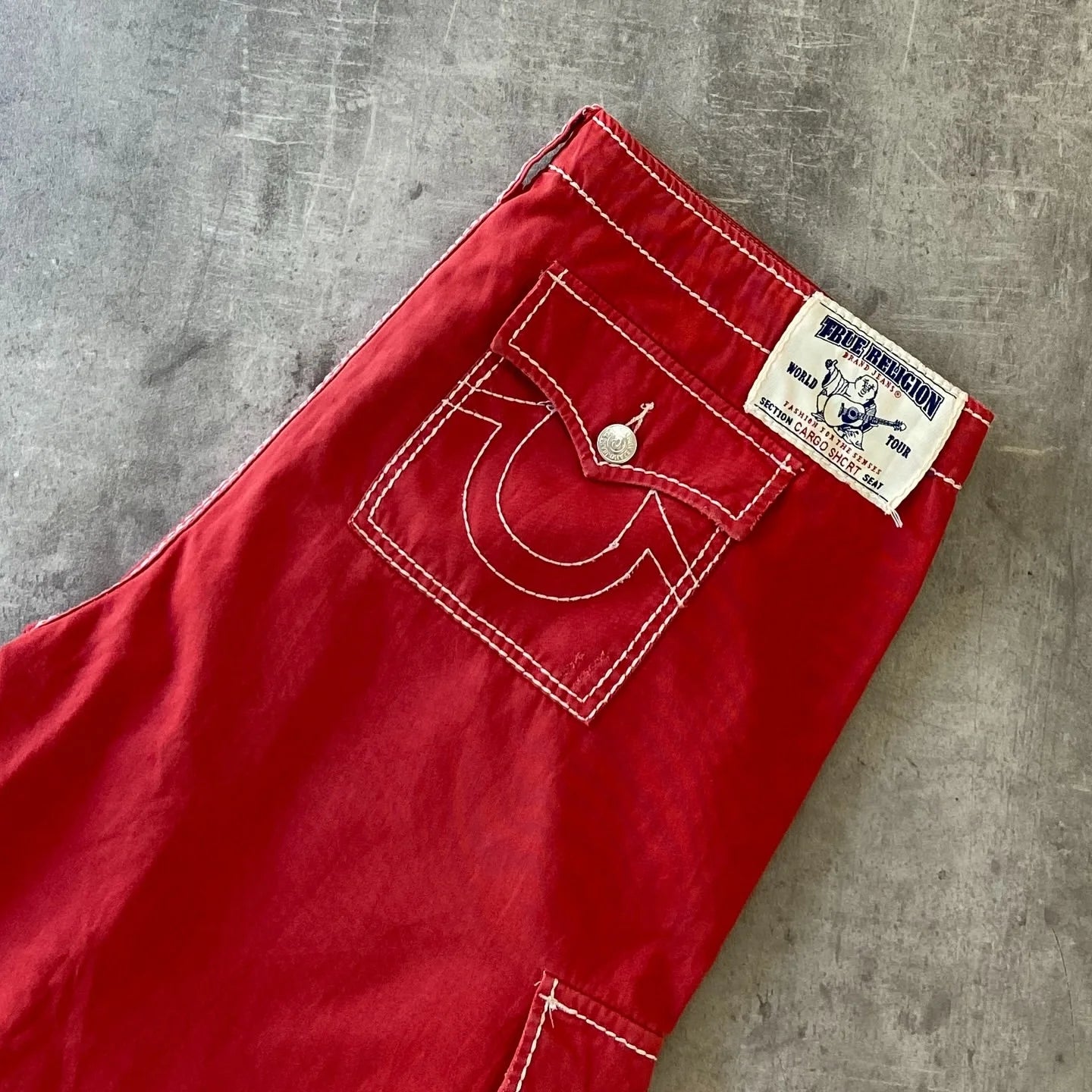 Hearujoy Y2K New Line Embroidered Red Denim Mid Pants American Retro Gothic Jeans Men Street Hip Hop Harajuku Punk Loose Wide Legs Shorts