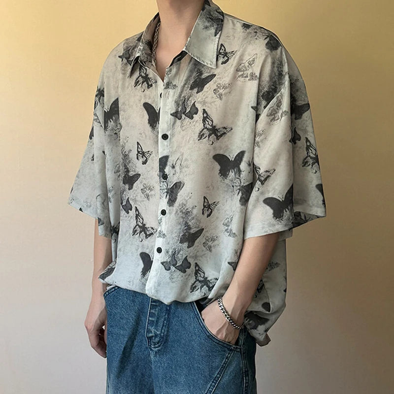 HEARUJOY  -  Nichre Design Men's Shirts Turn-down Collar Butterfly Printing Contrast Color Short Sleeved Single Breasted Stylish