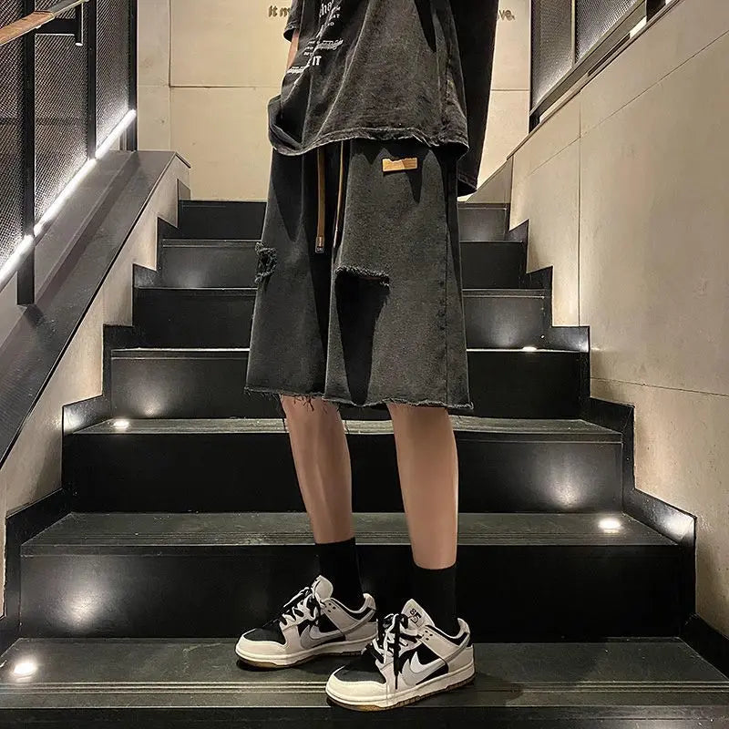 HEARUJOY  -  Men's New Style Spliced button Zipper Pockets Fashionable Loose Versatile Casual Denim Shorts