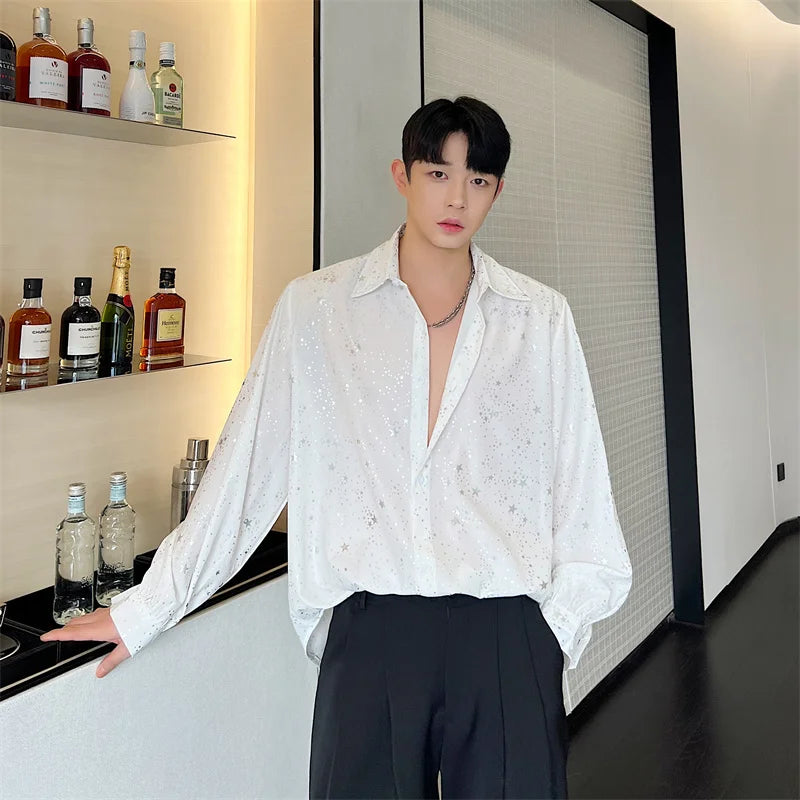 Hearujoy Spring New Male Casual Chiffon Shirts Men's Lapel Niche Desgin Shirt Long Sleeve Shirt Male Stage Show Dress Shirt