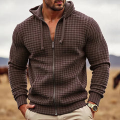 HEARUJOY  -  Stylish Loose Cardigan Tops Men Autumn Daily Casual Plaid Texture Zip-up Hooded Jackets For Mens Vintage Long Sleeve Jacket Coat