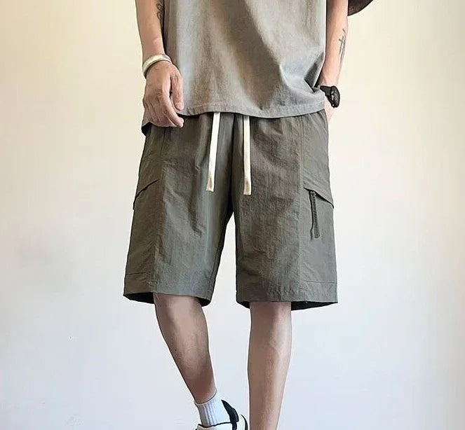 HEARUJOY  -  Wide Mens Cargo Shorts Baggy Over Knee Solid Elastic Waist Loose with Draw String Short Pants for Men Pockets High Quality V