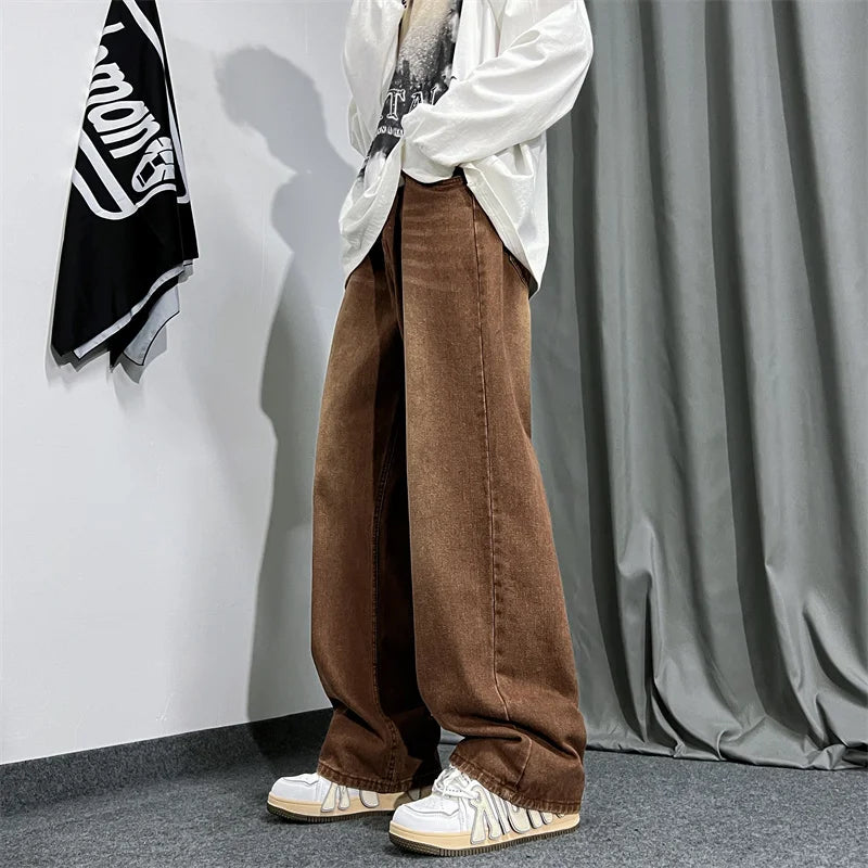 Hearujoy Brown Baggy Jeans Men Fashion Casual Vintage Jeans Men Streetwear Hip-hop Loose Straight Jeans Mens Retro Denim Trousers M-3XL