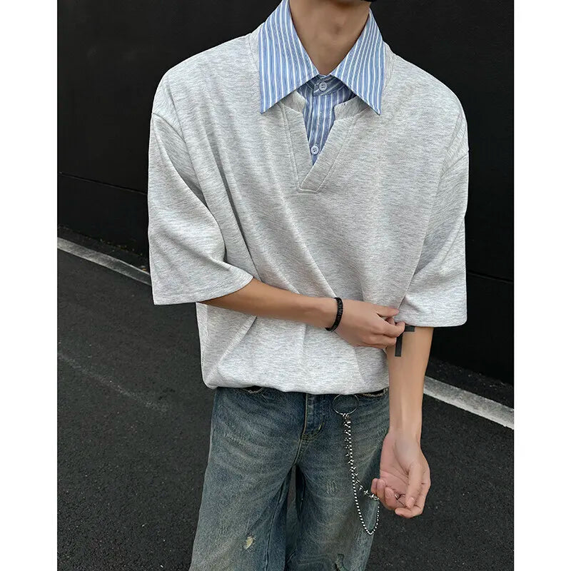 HEARUJOY  -  Summer Short Sleeved T-shirt Men Oversized Casual Lapel T Shirt Men Streetwear Korean Loose Pullover T Shirt Mens Clothing