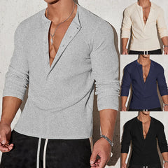 HEARUJOY  -  A New Long-sleeved V-neck Polo Shirt With A Stand-up Collar And Elastic Vertical Stripes For Men Of European Size In Autumn