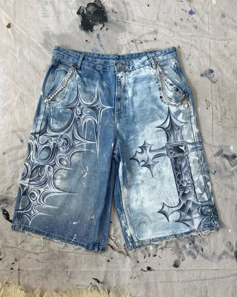 HEARUJOY  -  High Street Fashion Brand High Waist Washed Denim Shorts Women Y2k American Hip Hop Rock Fashion Graffiti Oversized Shorts Men