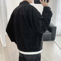 Hearujoy Black Denim Short Jacket Men Turn Down Collar Bomber Jacket Jeans Coats Casual Pockets Overalls Streetwear Man Clothing Outwear