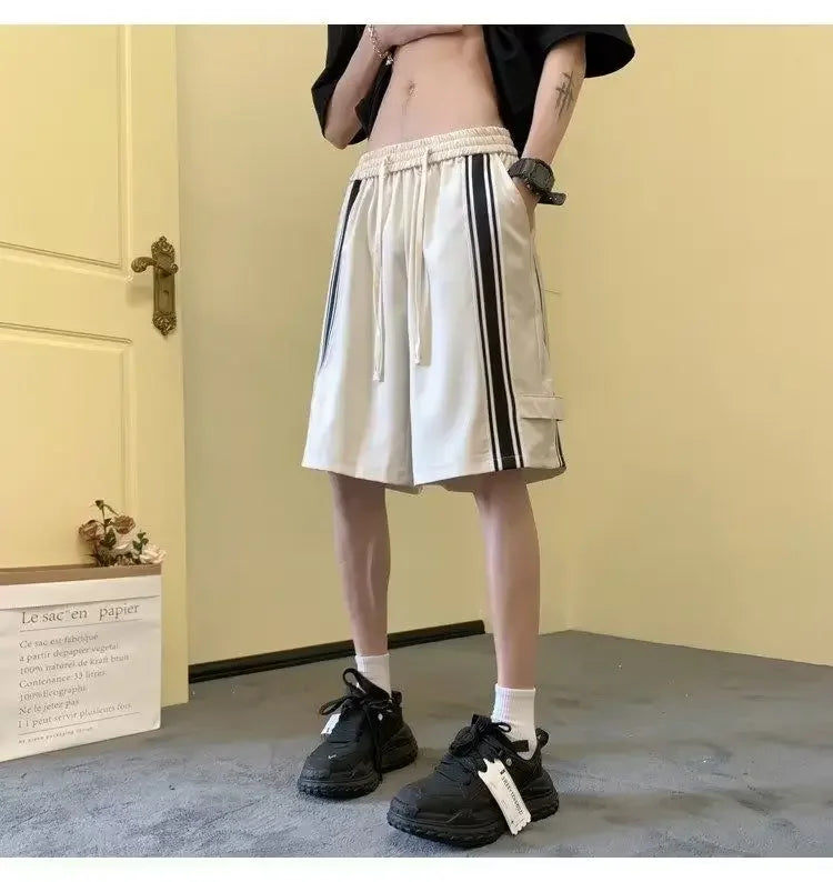 HEARUJOY  -  Fashionable Side Striped Sports Shorts Men's Loose Mid-trousers Handsome Straight Five-point Pants