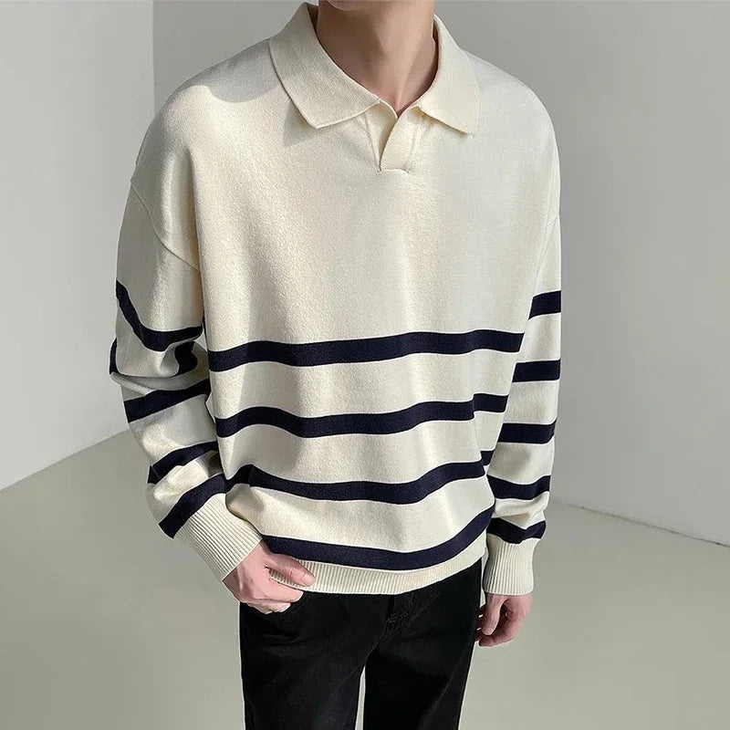 Hearujoy Shoulder Drop Striped Lapel Sweater Men's Light Luxury Outerwear Knitted Sweater Long Sleeved Casual Temperament Line Garment