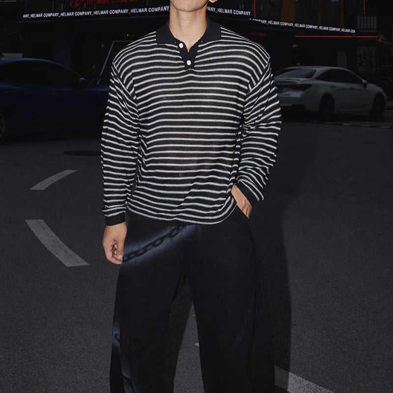 HEARUJOY  -  Stylish Striped Textured Polo Shirts Mens Vintage Hollow Out Knitted Tops Men Spring Autumn Casual Breathable Knitting Pullover