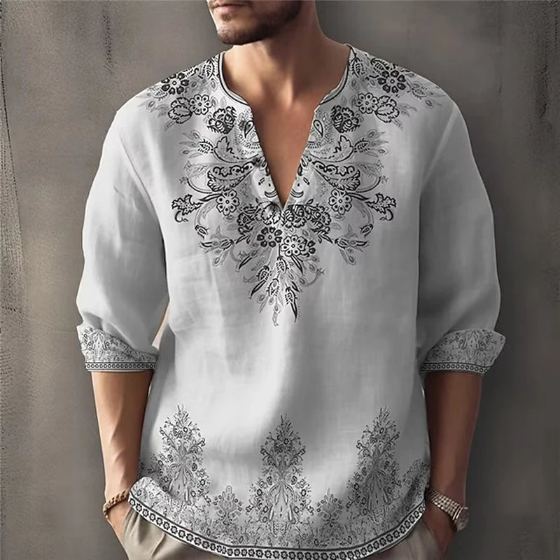 HEARUJOY  -  Vintage Ethnic flower 3D Print Shirt For Men Spring Autumn Long sleeve V-neck Tee Tops Fashion Casual Pullover Shirts Streetwear