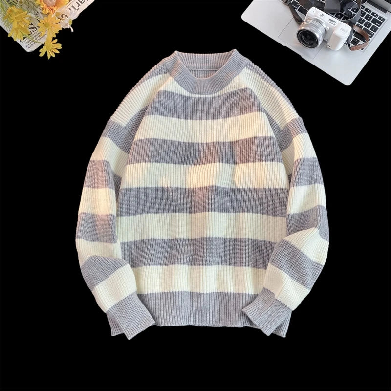 HEARUJOY  -  Men's Winter Sweater Harajuku Fashion Striped Sweter Oversize Pullover Warm Knitted Sweater Men's Clothing