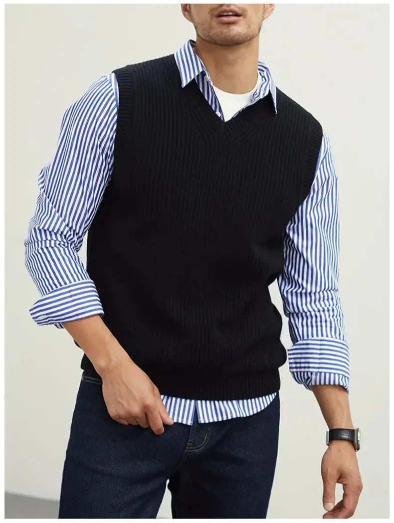 HEARUJOY  -  New Popular Preppy Style Men Sweater Vest Casual Knitted Streetwear Solid Color V Neck Waistcoat Leisure High Quality Knitwear