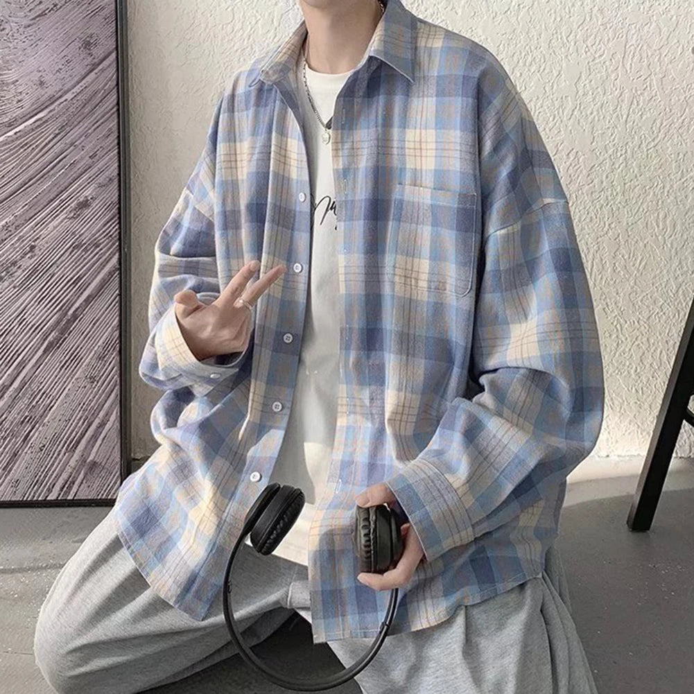 HEARUJOY  -  Casual Outing XL Blue Plaid Casual Top Men Plaid Long Sleeve Shirt Long Sleeve Casual Style Daily Use Shirt Lapel Neckline