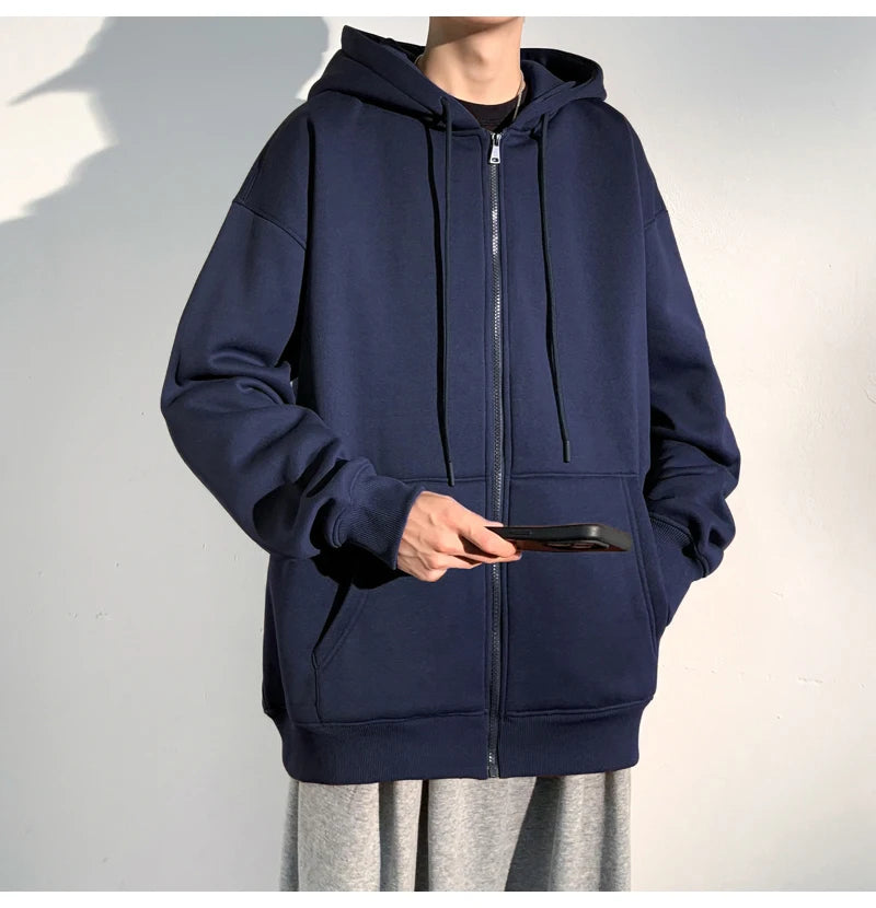 HEARUJOY  -  Spring Autumn Men's Zipper Hoodies Streetwear Casual Jacket Male Solid Color Loose Sweatshirts Simple Hooded Coats