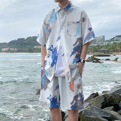 Hearujoy Summer Men's Hawaiian Beach Sets Single Breasted Graffiti Printed Short Sleeve Shirt and Shorts Casual Vacation Travel Outfit