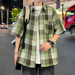 Hearujoy Summer Short Sleeved Shirt Men Fashion Retro Casual Shirt Men Streetwear Korean Loose Plaid Shirt Mens Shirts Large Size 5XL