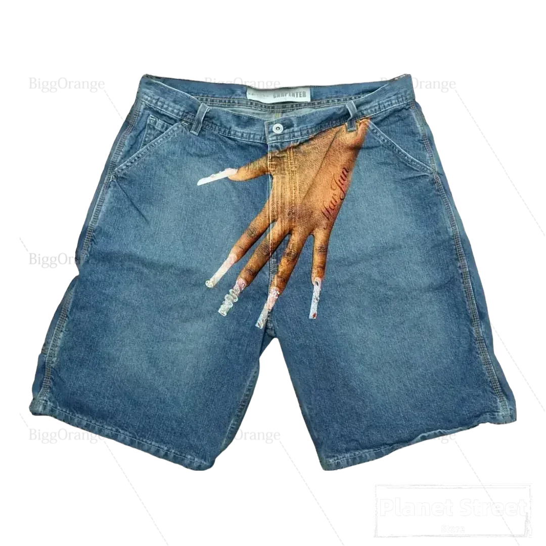 Hearujoy Harajuku Y2K Short Baggy Jeans Palm Print Graphic Pants Men Fashionstyle Denim Streetwear Gothic Sweatpants Shorts Men Clothing