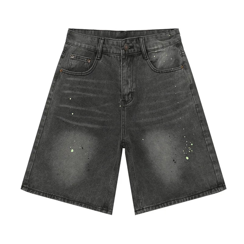 Hearujoy Men's Jeans Knee-length Summer Fashion American Style Speckled Ink Design Loose Wide Leg Denim Shorts 9C6094