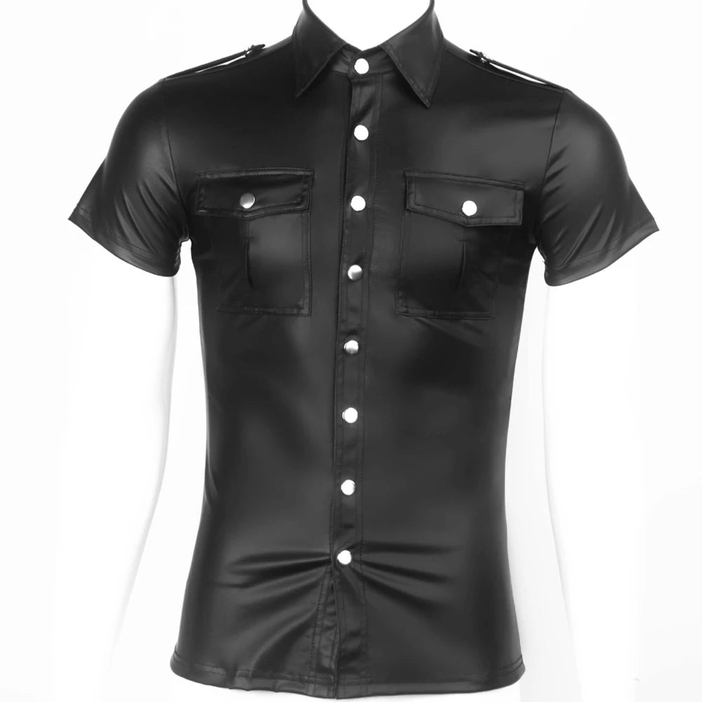 HEARUJOY  -  Men\\\'s Clothing Top Autumn Collared Faux Leather Wet Look Men Regular S-2XL Solid Color Tee Top Blouse Uniform Shirt