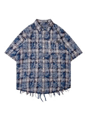 Hearujoy Harajuku Plaid Shirts Coat Men Oversize Short Sleeve Men's Checkered Cardigan Blouses Male Japanese Streetwear Hip Hop