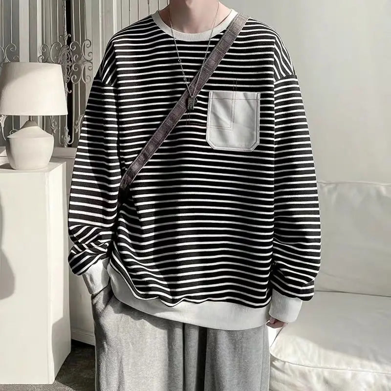 HEARUJOY  -  Men Trendy Striped Patchwork Streetwear Y2K Oversize Basic T-shirt Japanese Style Round Neck Long Sleeve Cotton Tops Ropa Hombre