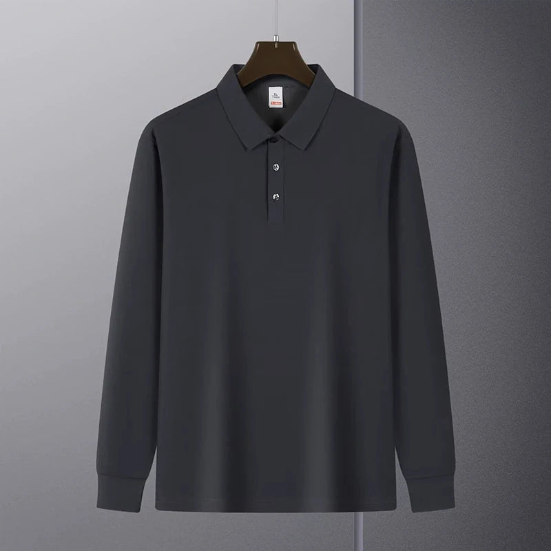HEARUJOY  -  New American Retro Men Polo Shirt Light Luxury Solid Color Slim-fit Commuting Long Sleeve T-shirt Leisure Business Pullover Tops