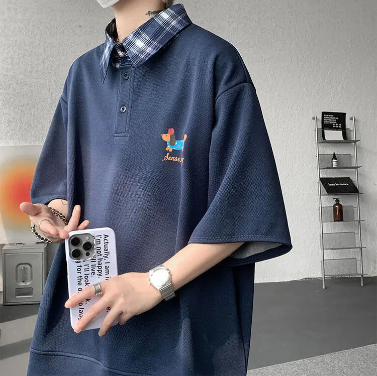 HEARUJOY  -  Dog Embroidery Plaid Polo Short Sleeve T-Shirt 2025 Summer Retro Couple T-shirts Splicing Fake Two Pieces Simple Tops