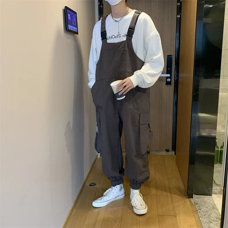 Hearujoy Suspenders Jumpsuit Pants Men Summer Overalls Japanese Loose Straps Casual Pockets Unisex Oversize Streetwear Solid Man Clothing