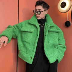 Hearujoy Green Padded Winter Men's Jacket Fleece Lamb Wool Thickened Short Coat Male Y2K Top Plush Warm Korean Streetwear Hip Hop